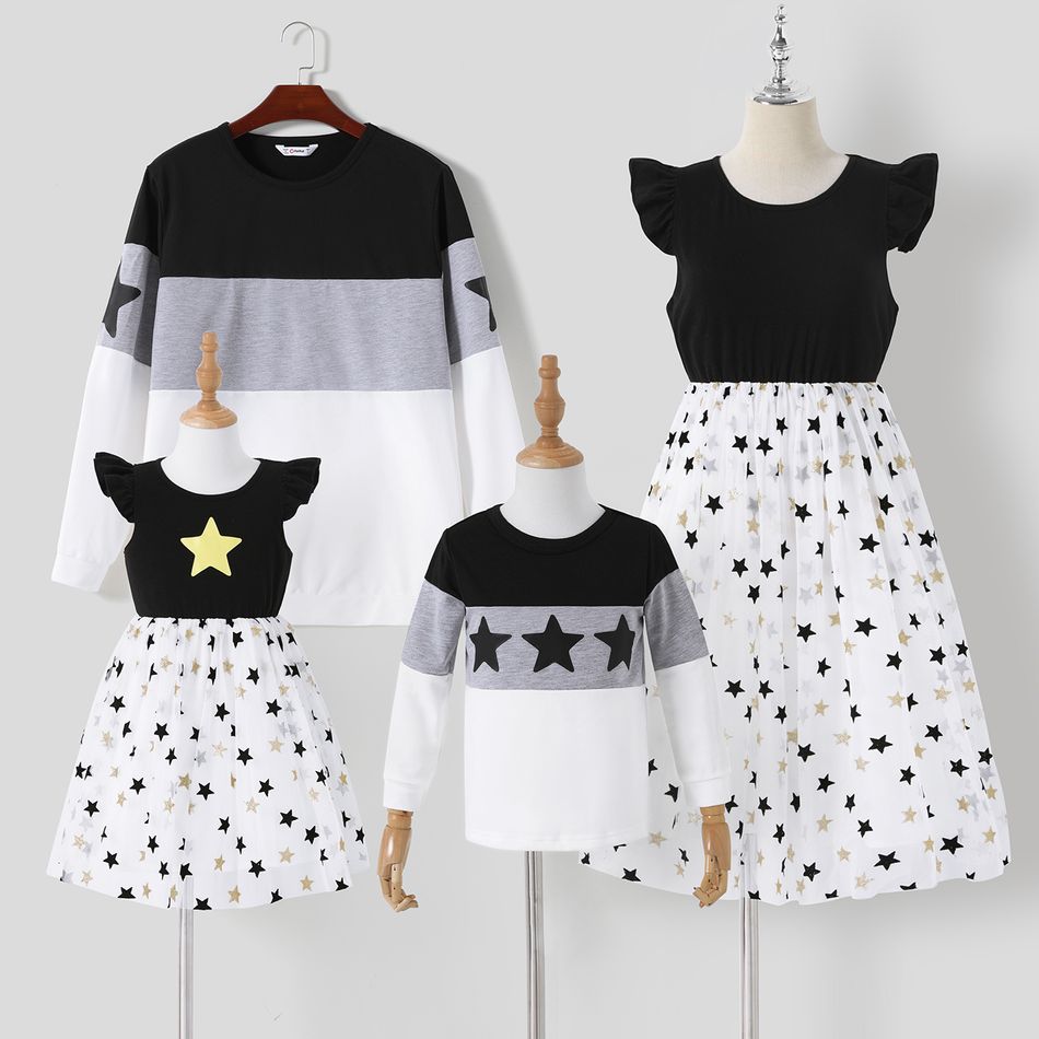 Solid Splice Star Print and Five-pointed Star Family Matching Sets Black/White