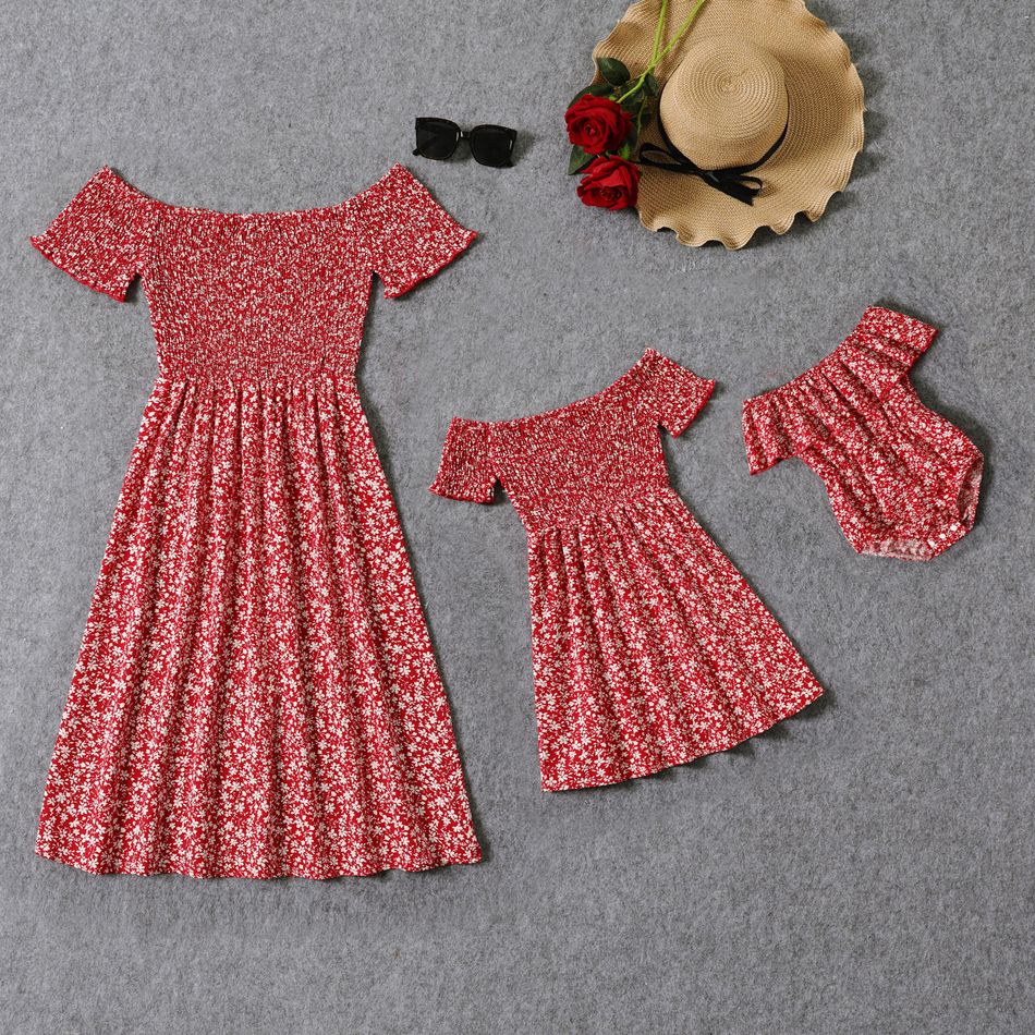 All Over Red Floral Print Off Shoulder Short-sleeve Shirred Dress for Mom and Me Red