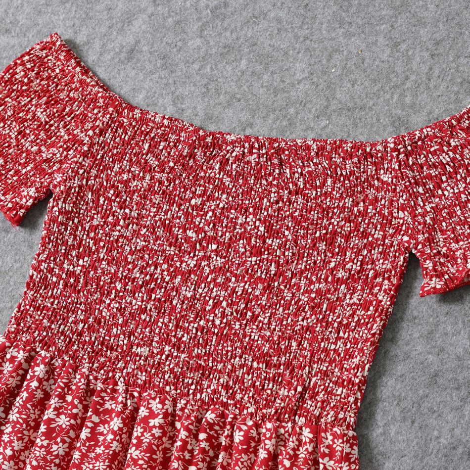 All Over Red Floral Print Off Shoulder Short-sleeve Shirred Dress for Mom and Me Red big image 3