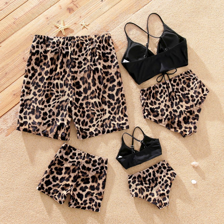 Family Matching Spaghetti Strap Bikini Set Swimwear and Leopard Swim Trunks Shorts Black big image 2
