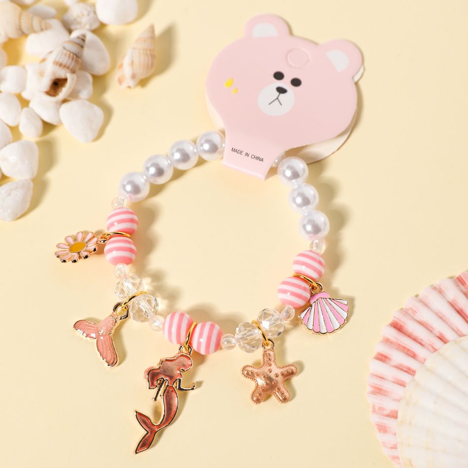 Unicorn Crown Mermaid Cartoon Pendant Pearl Beaded Bracelet for Girls Dark Pink