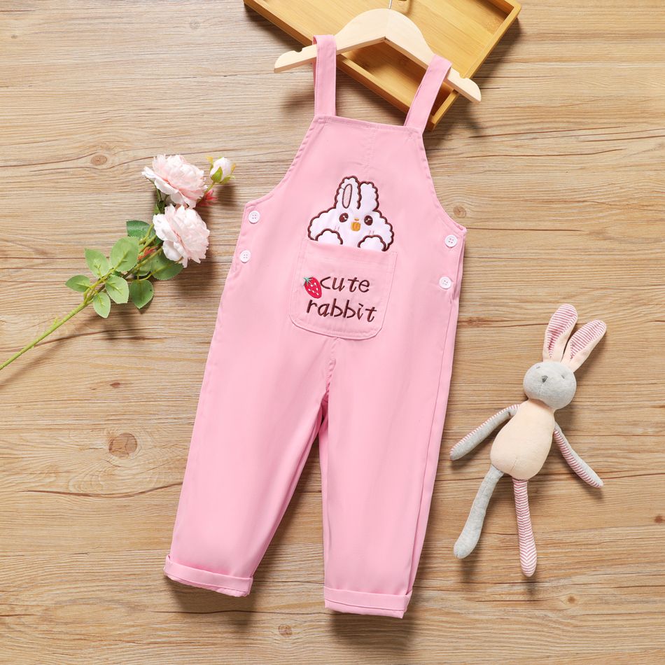Toddler Girl 100% Cotton Letter Rabbit Strawberry Embroidered Pink Overalls Light Pink