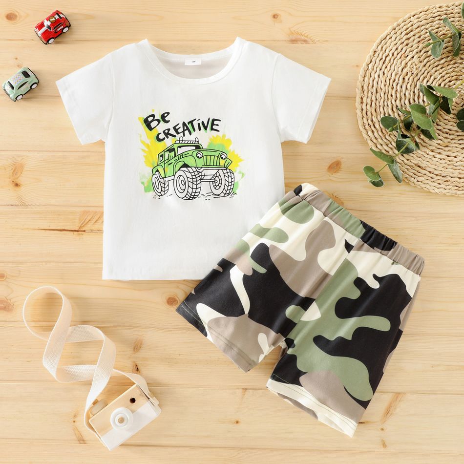 2pcs Toddler Boy Playful Letter Vehicle Print Tee & Camouflage Print Shorts Set White