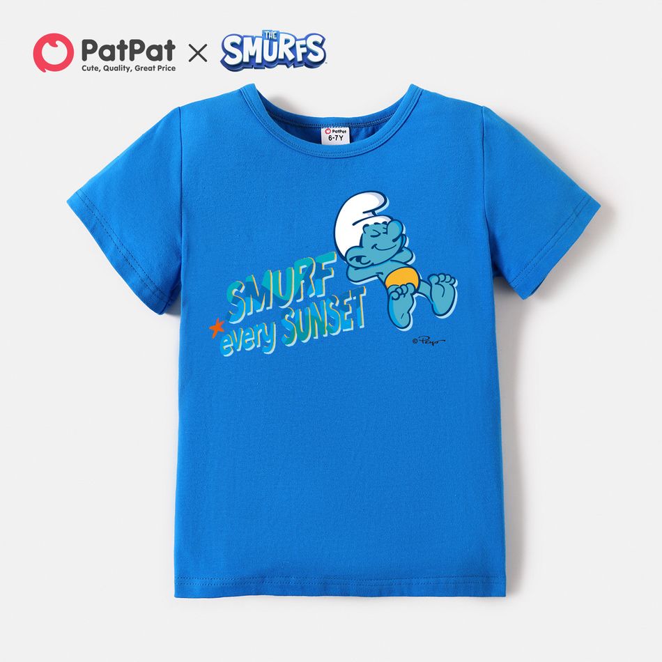 Kurzärmliges Baumwoll-T-Shirt mit Buchstabenfigurendruck für Schlümpfe für Jungen und Mädchen tiefblau