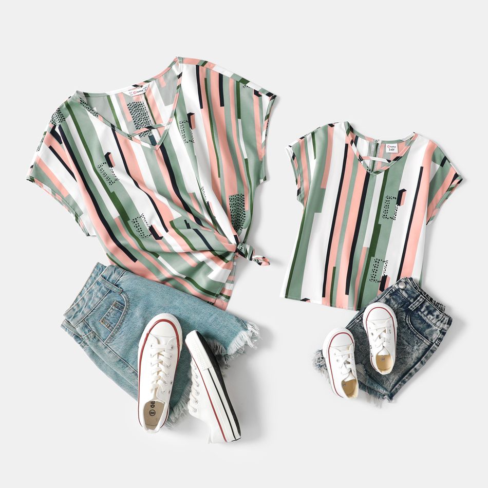 Geometric Striped V Neck Drop Shoulder Short-sleeve Tops for Mom and Me Multi-color