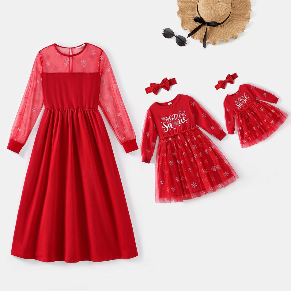 Glitter Snowflake Pattern Red Mesh Long-sleeve Splicing Party Dress for Mom and Me Red