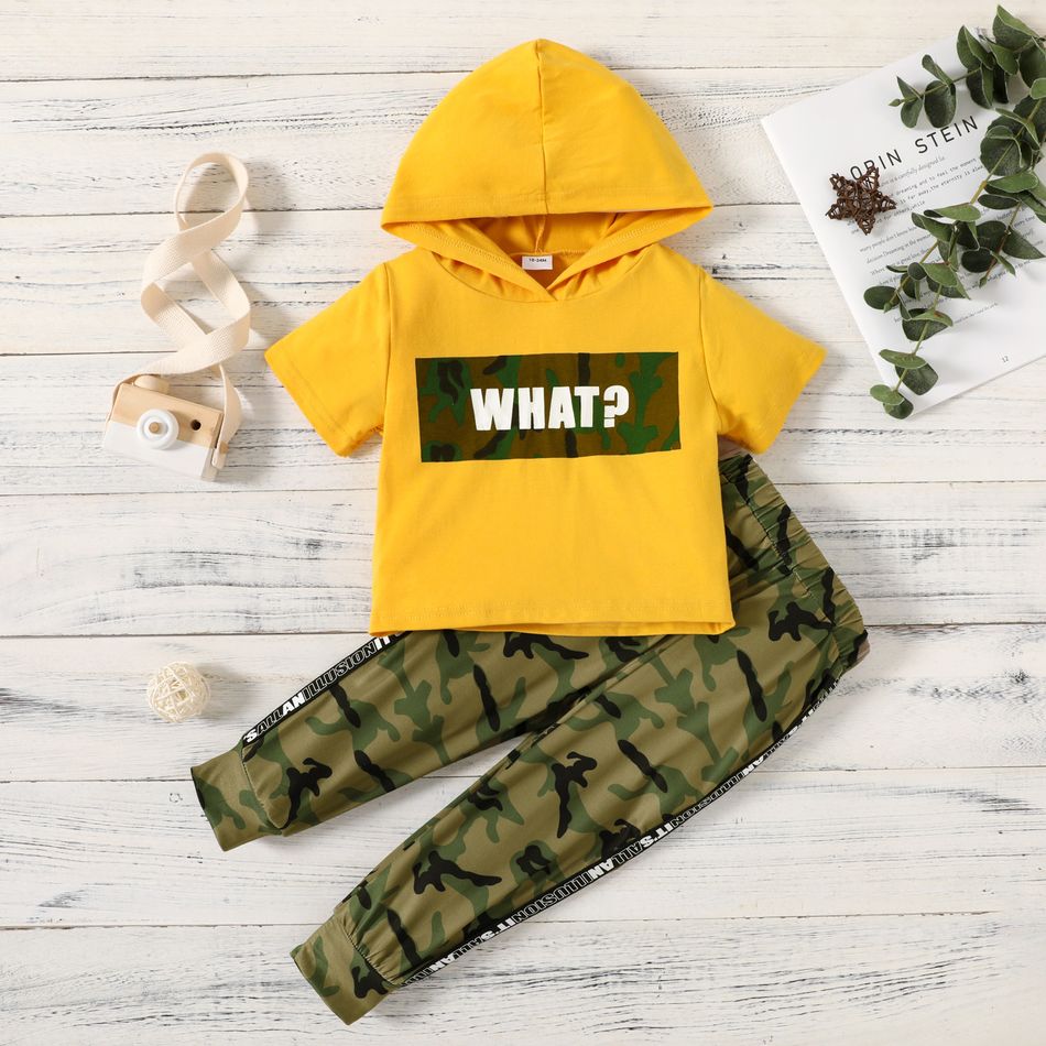 2pcs Toddler Boy Trendy Letter Camouflage Print Hooded Tee and Pants Set Yellow