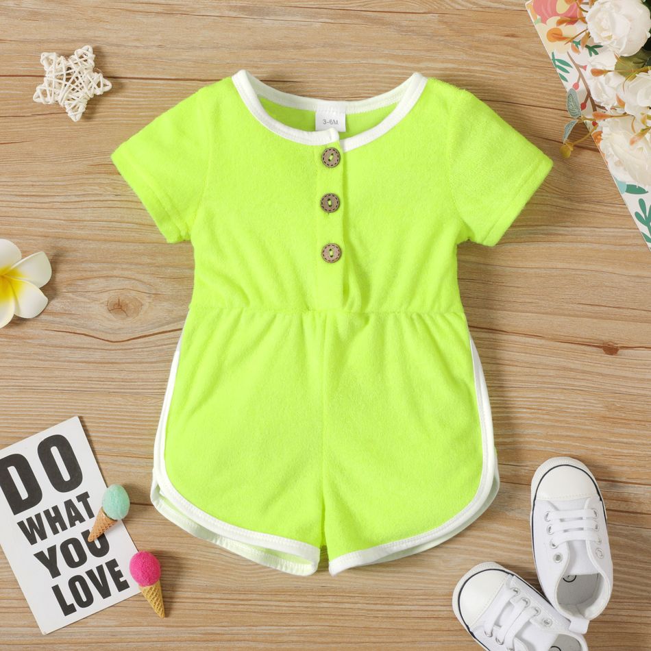 Baby Girl Fluorescent Colored Button Up Short-sleeve Jumpsuit Pale Green