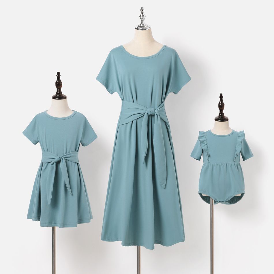 Solid Round Neck Short-sleeve Self Tie Midi Dress for Mom and Me Turquoise