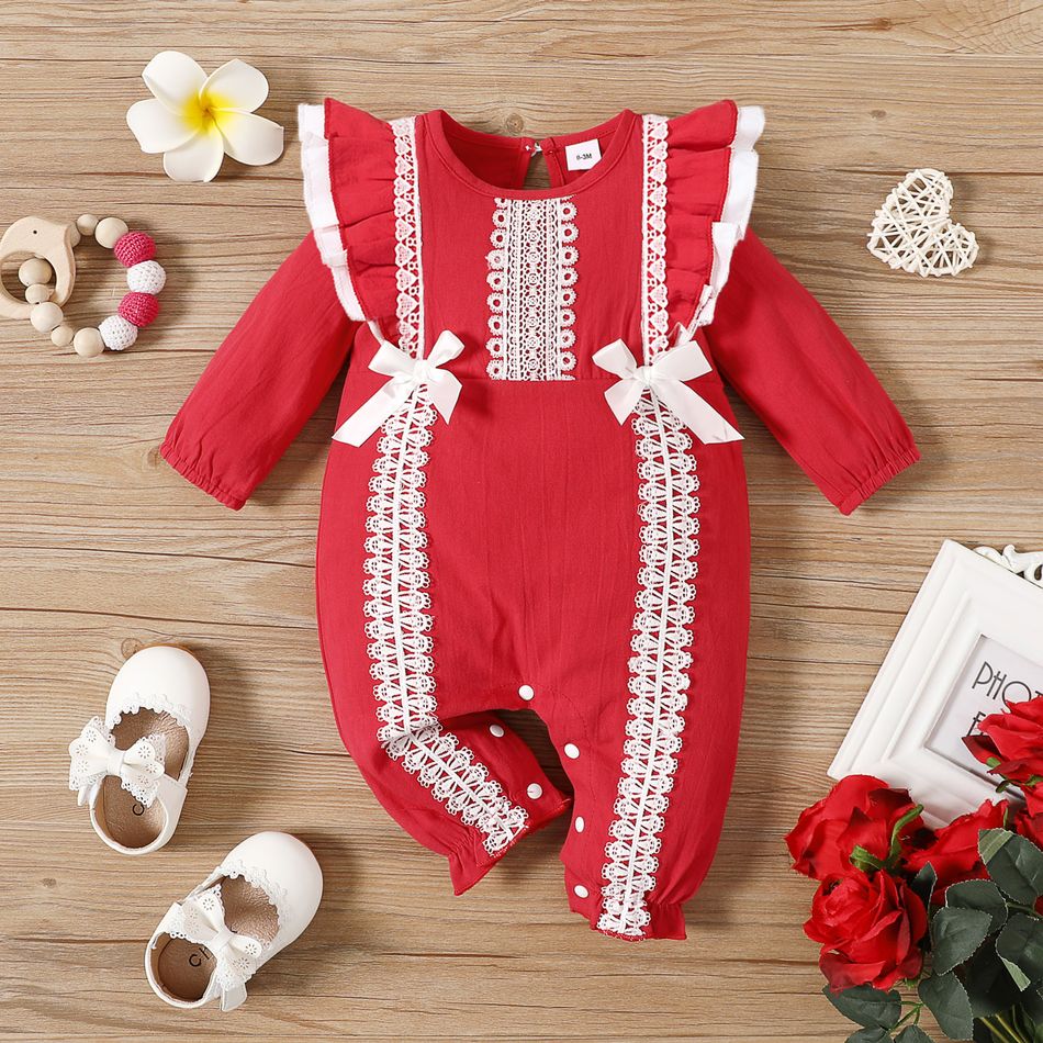 100% Cotton Baby Girl Bowknot Lace Decor Red Ruffle Long-sleeve Jumpsuit Red
