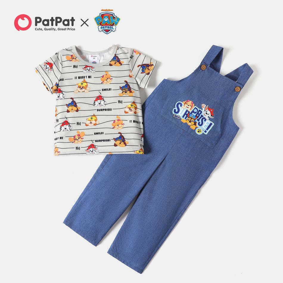 PAW Patrol 2pcs Toddler Boy/Girl Letter Print Stripe Short-sleeve Tee and Pocket Design Cotton Denim Overalls Set Grey