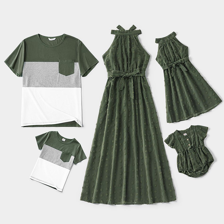 Family Matching Dark Green Swiss Dot Halter Neck Sleeveless Maxi Dresses and Colorblock Short-sleeve T-shirts Sets Dark Green big image 6