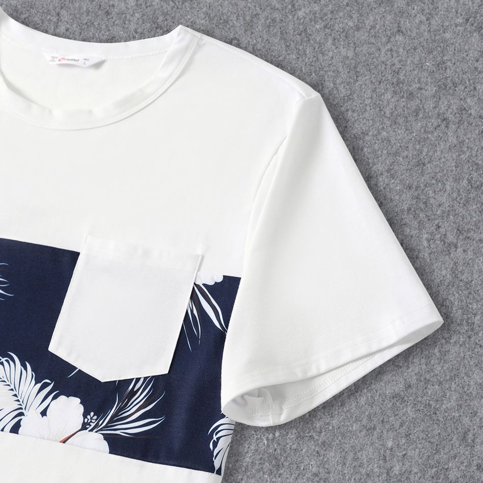 Family Matching White Spaghetti Strap Ruffle V Neck Splicing Floral Print Dresses and Short-sleeve T-shirts Sets Blueblackwhite big image 9