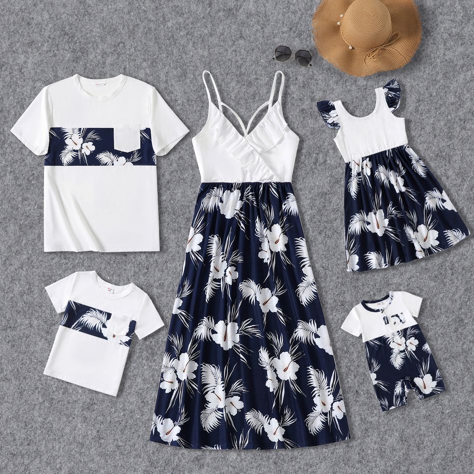Family Matching White Spaghetti Strap Ruffle V Neck Splicing Floral Print Dresses and Short-sleeve T-shirts Sets Blueblackwhite