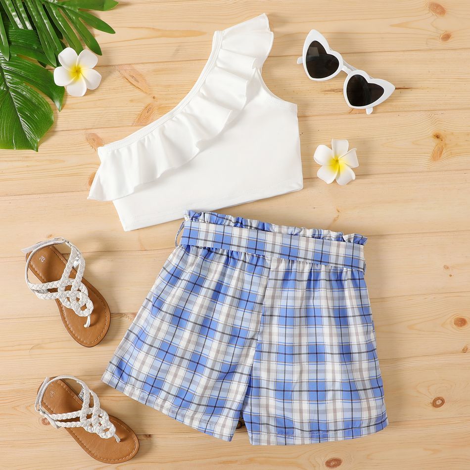 2-piece Kid Girl One Shoulder Flounce Sleeveless Tee and Belted Plaid Paperbag Shorts Set Blue big image 5