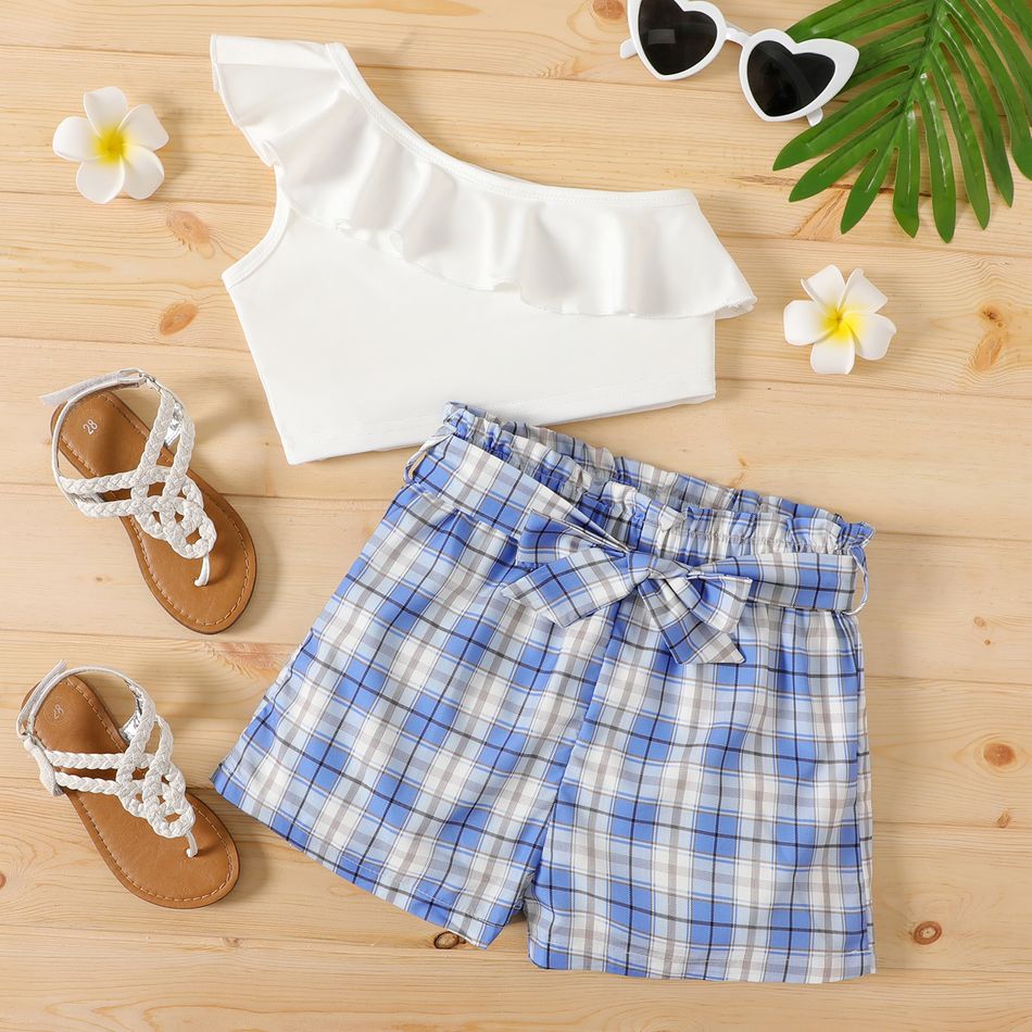 2-piece Kid Girl One Shoulder Flounce Sleeveless Tee and Belted Plaid Paperbag Shorts Set Blue big image 1