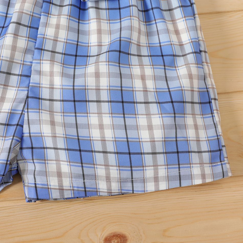 2-piece Kid Girl One Shoulder Flounce Sleeveless Tee and Belted Plaid Paperbag Shorts Set Blue big image 4