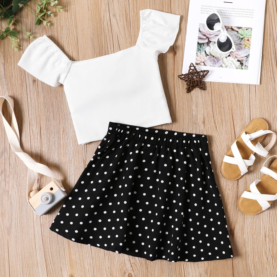 2-piece Kid Girl Square Neck Short-sleeve White Tee and Polka dots Skirt Set BlackandWhite