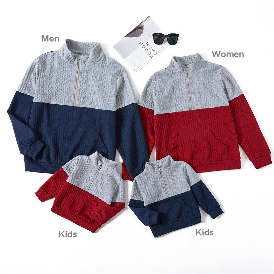 Family Matching Color Block Lapel Long-sleeve Cable Knit Sweatshirts ColorBlock