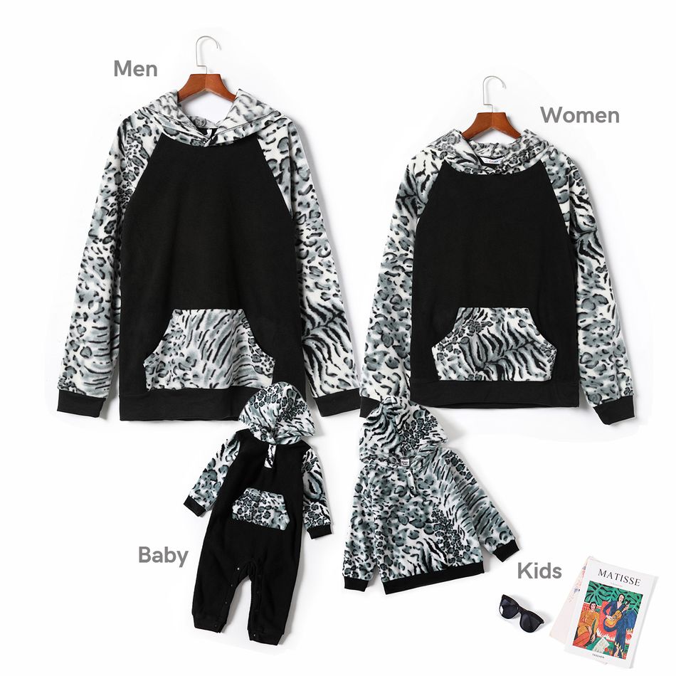 Leopard Print Black Family Matching Polar Fleece Long-sleeve Hooded Sweatshirts Black
