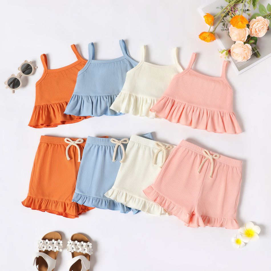 2-piece Toddler Girl Solid Color Ribbed Ruffled Camisole and Elasticized Shorts Set Light Pink big image 2