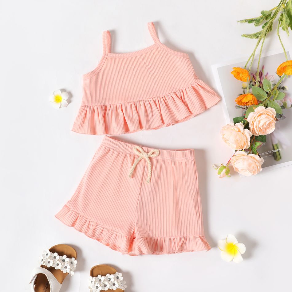 2-piece Toddler Girl Solid Color Ribbed Ruffled Camisole and Elasticized Shorts Set Light Pink big image 1
