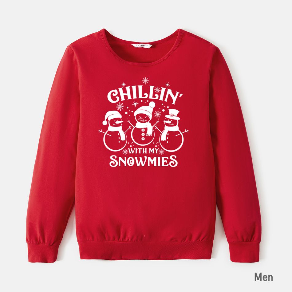 Christmas Letter and Snowman Print Red Family Matching 100% Cotton Long-sleeve Sweatshirts Red big image 2
