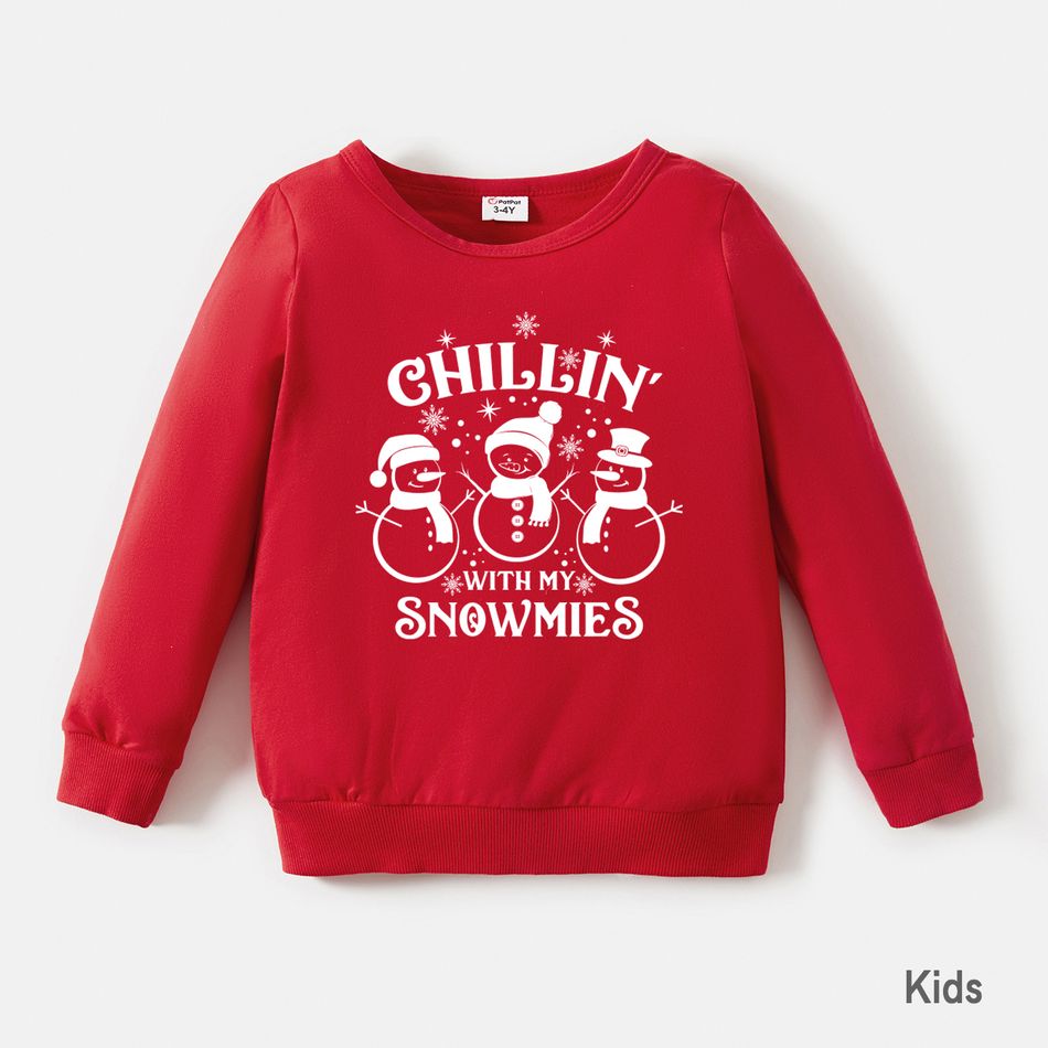 Christmas Letter and Snowman Print Red Family Matching 100% Cotton Long-sleeve Sweatshirts Red big image 7