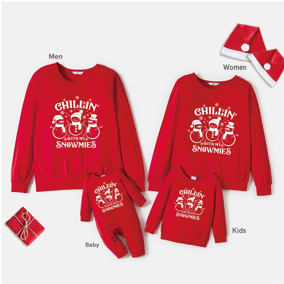 Christmas Letter and Snowman Print Red Family Matching 100% Cotton Long-sleeve Sweatshirts Red big image 1