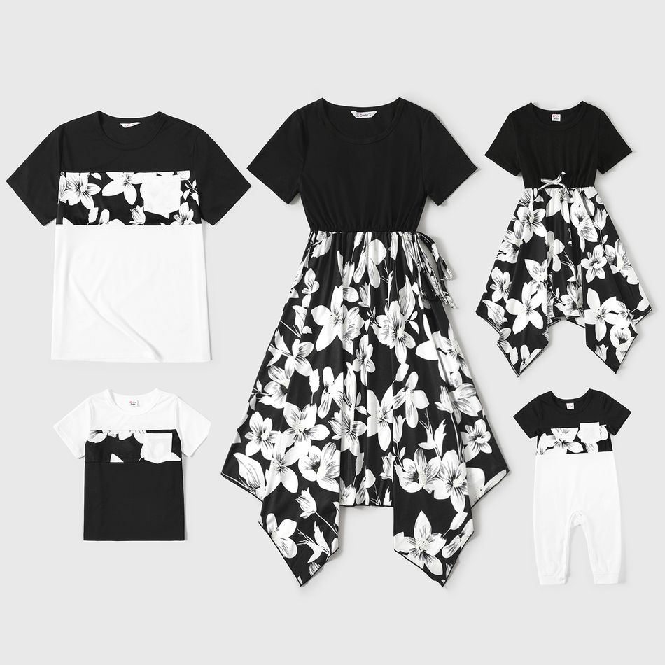 Family Matching Black Splicing Floral Print Short-sleeve Dresses and T-shirts Sets BlackandWhite