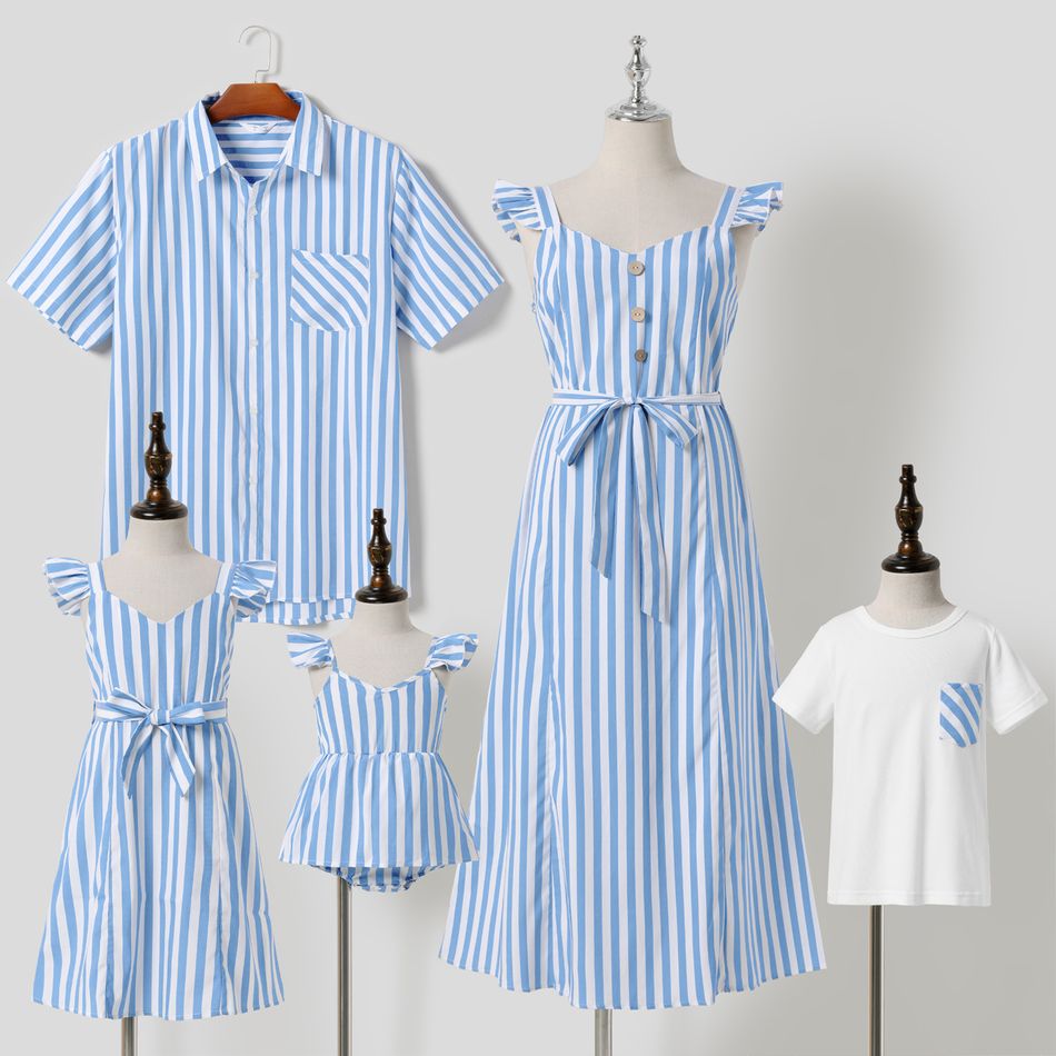 Blue and White Stripe Series Family Matching Sets(Sleeveless Dresses for Mom and Girl ; Short Sleeve Shirts for Dad and Boy) Color block