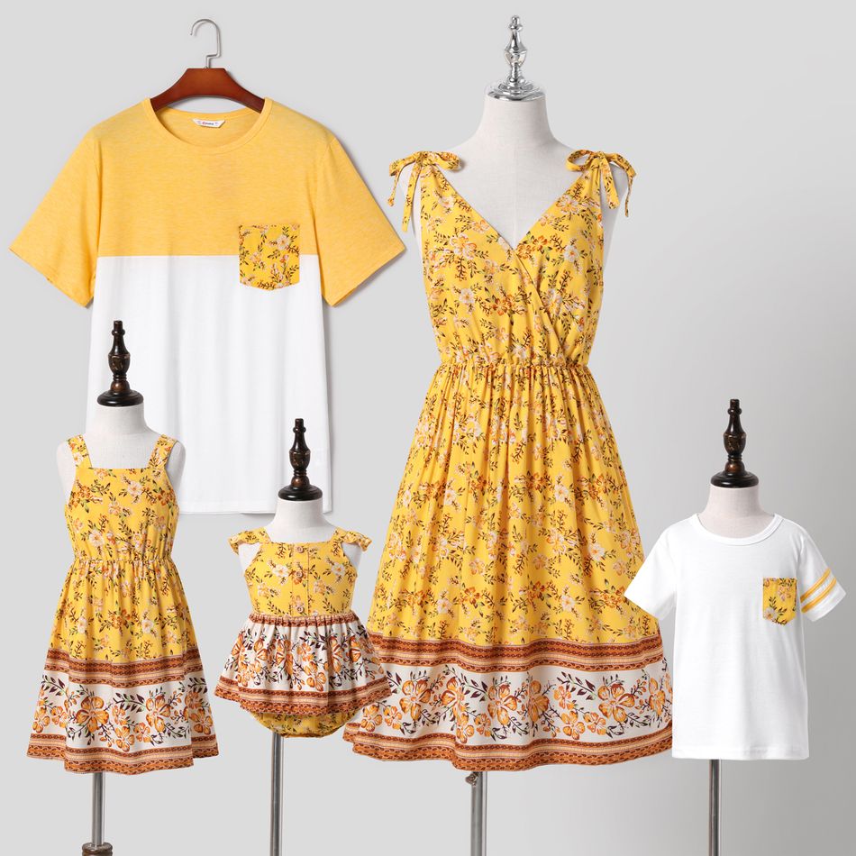 Family Matching Yellow Boho Floral Print Sleeveless Dress and Short-sleeve T-shirts Sets Yellow