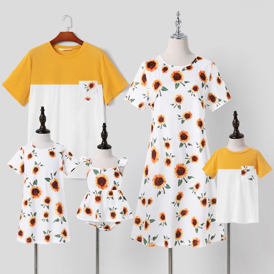 Family Matching All Over Sunflowers Floral Print Short-sleeve Dresses and Colorblock T-shirts Sets White