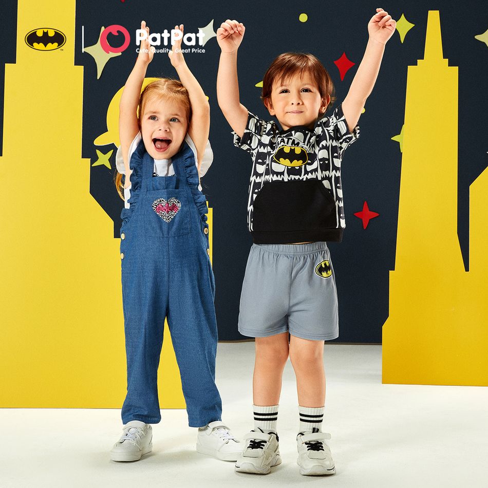 Batman 2pcs Toddler Girl Heart Print Flutter-sleeve White Tee and Ruffled Denim Overalls Set Blue big image 2