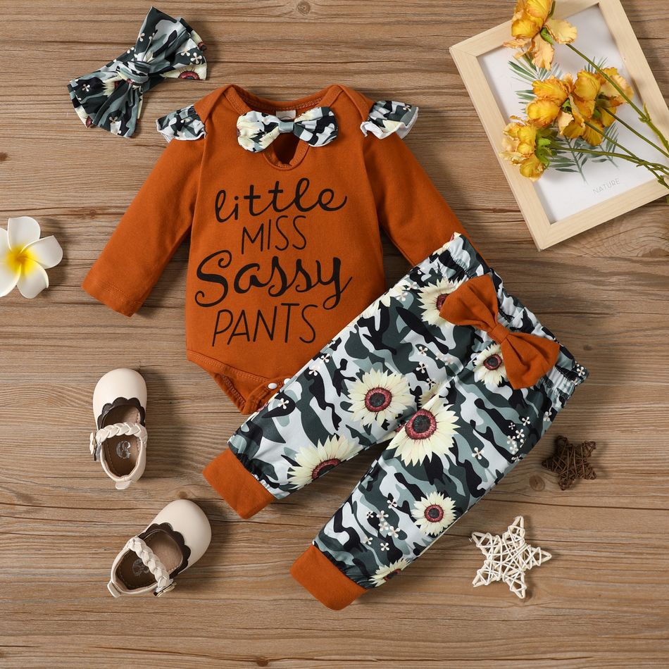 3pcs Letter and Floral Print Ruffle and Bow Tie Decor Long-sleeve Romper and Pants with Headband Gold or Coffe Baby Set Coffee