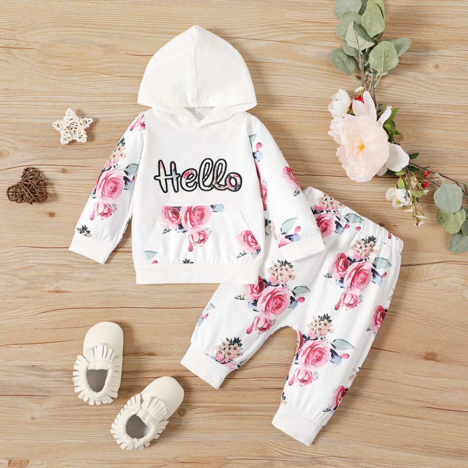 2pcs Floral and Letter Print Hooded Long-sleeve Hoodie Top and Sweatpants Casual Pants White Baby Set White