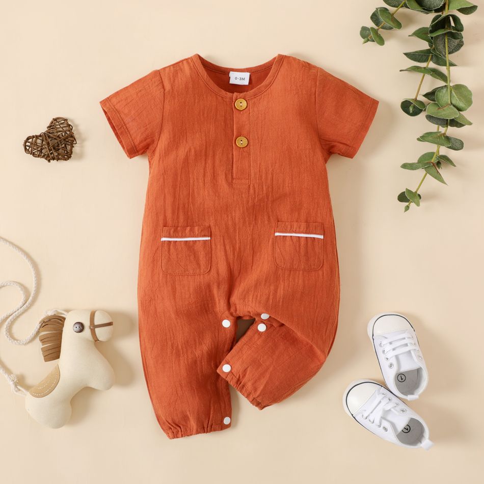 100% Cotton Button and Pocket Design Short-sleeve Orange Baby Romper Brick red