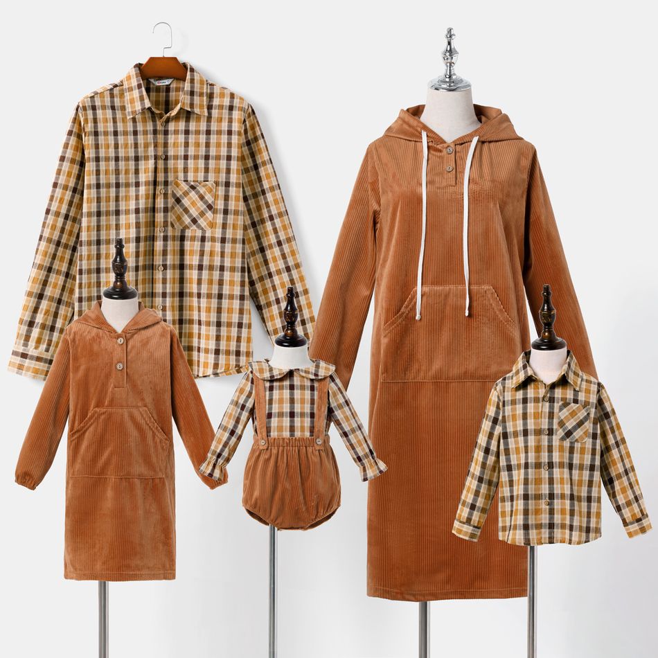 Family Matching Brown Ribbed Long-sleeve Drawstring Hoodie Dresses and 100% Cotton Plaid Shirts Sets Brown