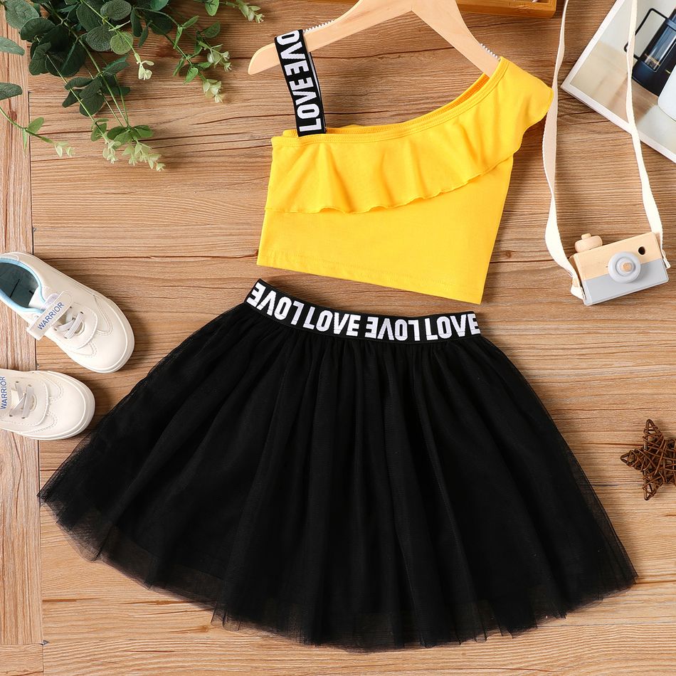 2-piece Kid Girl Letter Print Sleeveless One Shoulder Camisole and Mesh Skirt Set Yellow big image 6