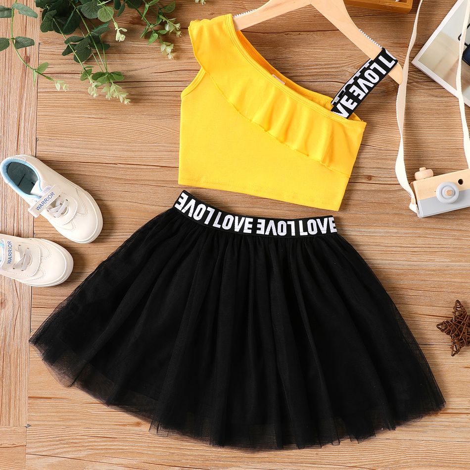 2-piece Kid Girl Letter Print Sleeveless One Shoulder Camisole and Mesh Skirt Set Yellow big image 1