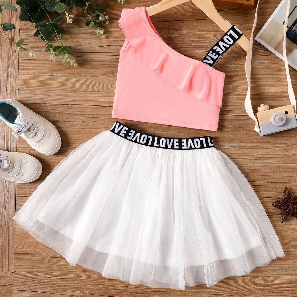 2-piece Kid Girl Letter Print Sleeveless One Shoulder Camisole and Mesh Skirt Set Pink