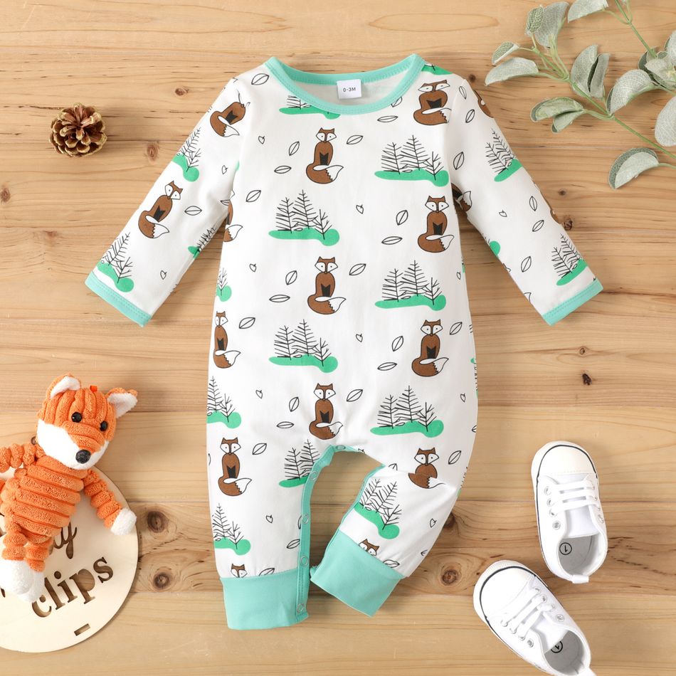 Fox and Forest Allover Long-sleeve White Baby Jumpsuit White