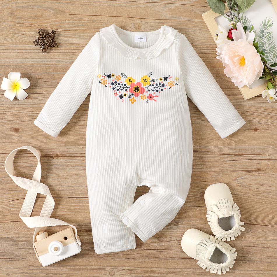 Ribbed Floral Print Ruffle Decor Long-sleeve White Baby Jumpsuit White
