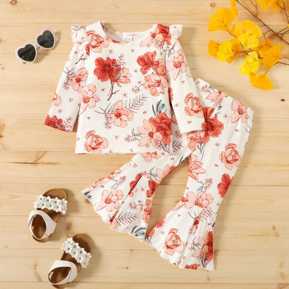 Ribbed 2pcs Floral Allover Ruffle Decor Long-sleeve Top and Bellbottom Pants White Toddler Set White