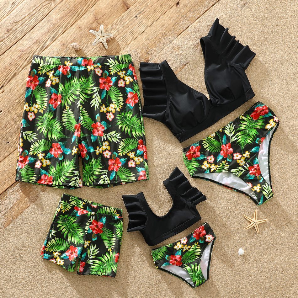 Family Matching All Over Colorful Plant Print Swim Trunks Shorts and Two-Piece Swimsuit Colorful