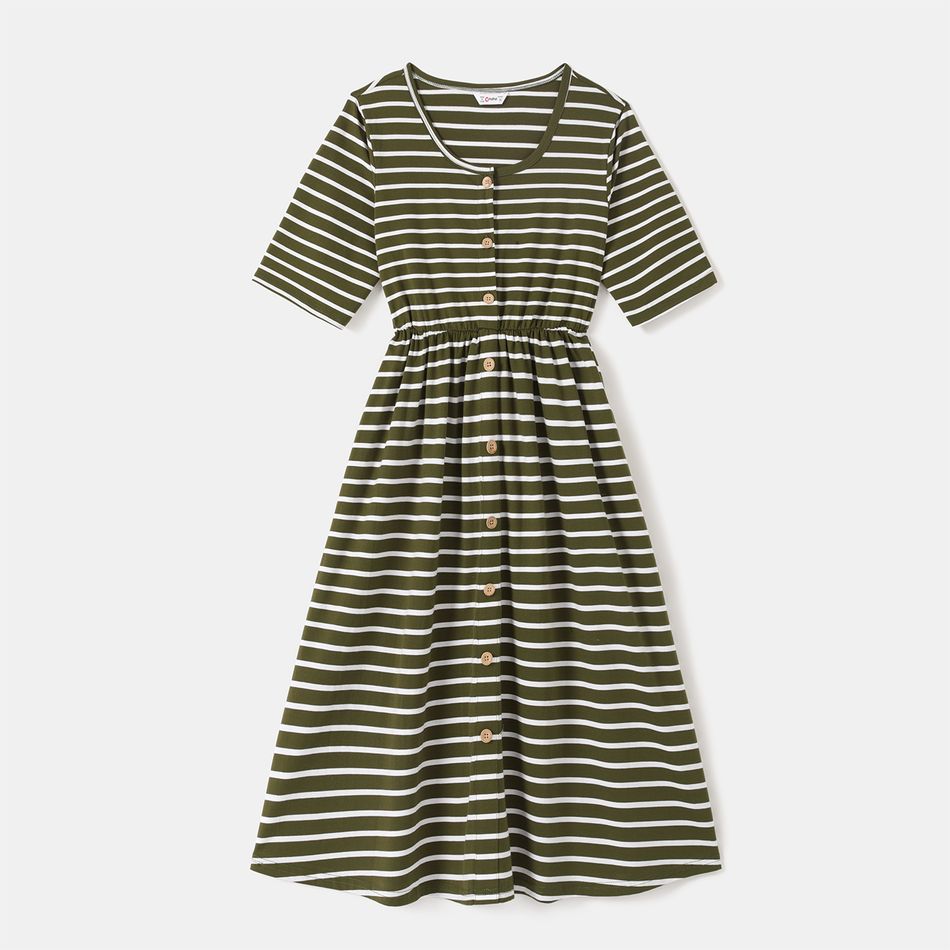Family Matching Striped Short-sleeve Dresses and Letter Dinosaur Print T-shirts Sets Army green big image 2