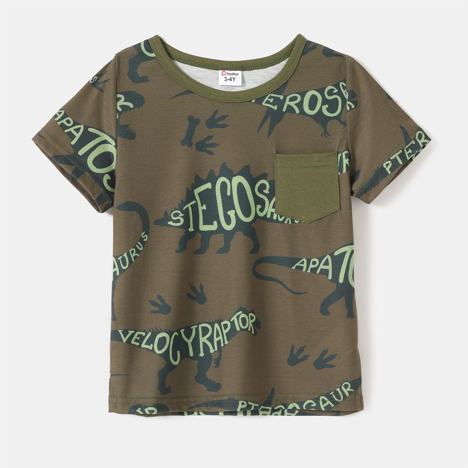 Family Matching Striped Short-sleeve Dresses and Letter Dinosaur Print T-shirts Sets Army green big image 14
