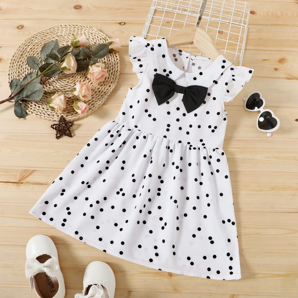 Polka Dots Print Bow Decor Flutter-sleeve White Toddler Dress White