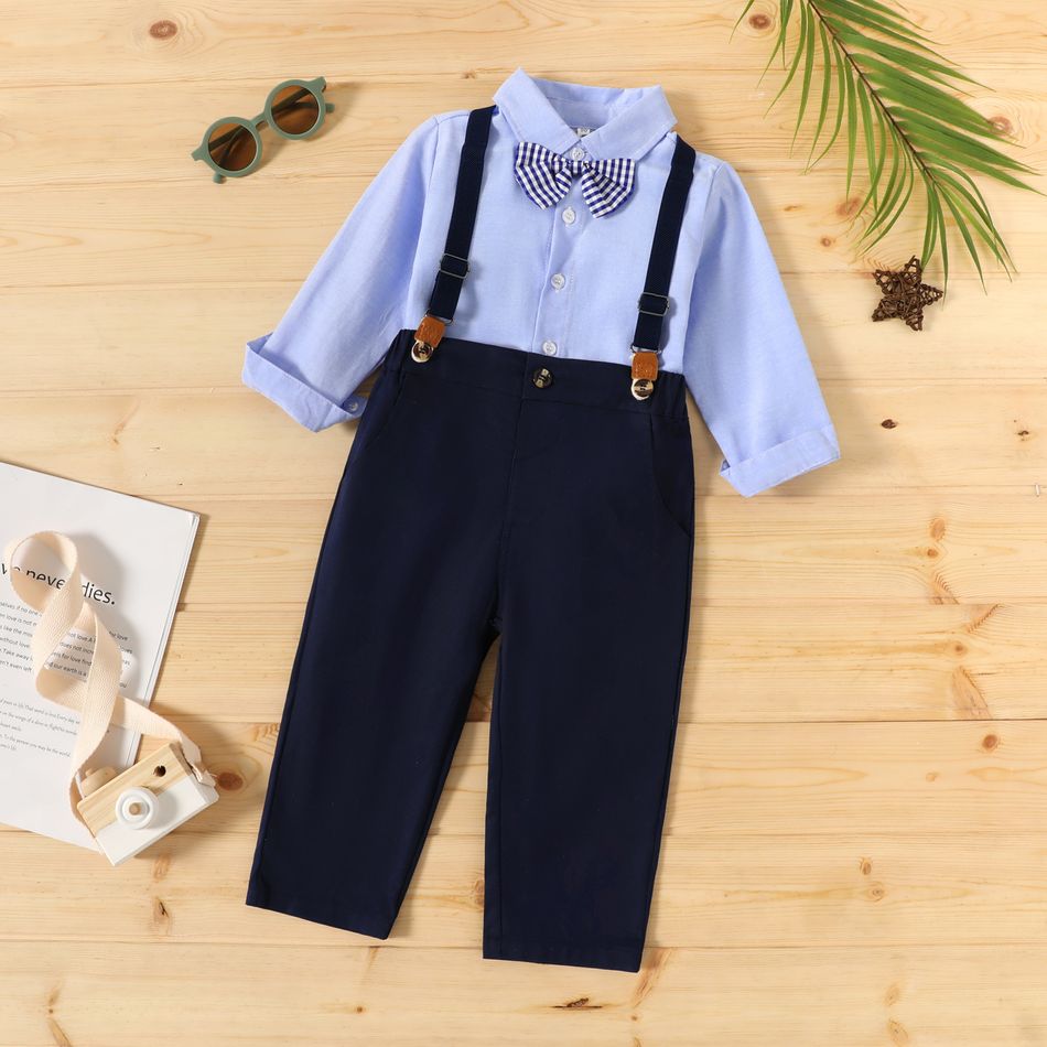 2pcs Stripe Print Lapel Collar Bow Tie Decor Long-sleeve Pink or Blue Shirt Top and Soilid White or Dark Blue Pants Overalls Toddler Set Dark Blue