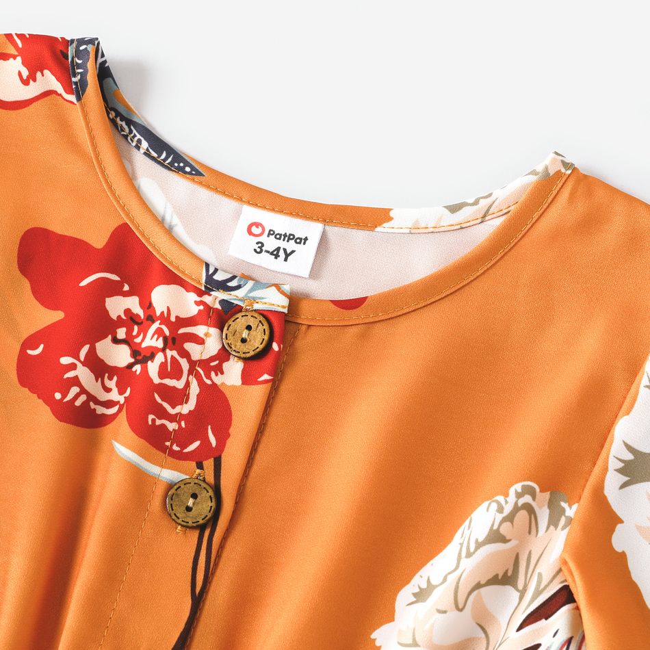 Family Matching Floral Print Brown Ruffle Short-sleeve Tulip Hem Dresses and Raglan-sleeve T-shirts Sets Brown big image 8